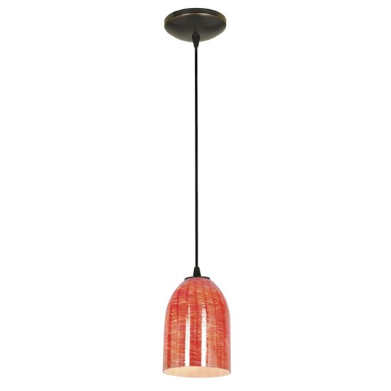 Foto para 100w Bordeaux Glass Pendant E-26 A-19 Incandescent Dry Location Oil Rubbed Bronze Wicker Red Glass 7.5"Ø5.25" (CAN 1.25"Ø5.25")