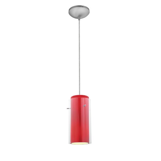 Foto para 100w Glass`n Glass  Cylinder Pendant E-26 A-19 Incandescent Dry Location Brushed Steel Clear Red Glass 10"Ø4.5" (CAN 1.25"Ø5.25")