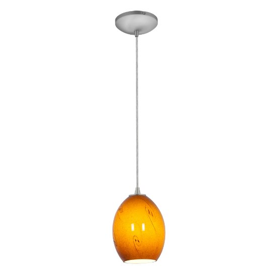 Foto para 11w Brandy FireBird E-26 A-19 LED Dry Location Brushed Steel Amber Sky Cord Glass Pendant (CAN 1.25"Ø5.25")