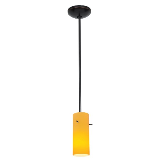 Foto para 11w Cylinder E-26 A-19 LED Dry Location Oil Rubbed Bronze Amber Rod Glass Pendant (CAN 1.25"Ø5.25")