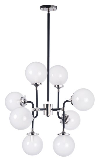 Foto para Atom 8-Light Pendant BKPN White Opal Glass CA Incandescent E12 Incandescent (OA HT 61.5")