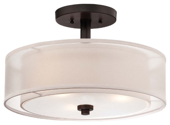 Foto para 60w SW 3 Light Semi Flush Mount Smoked Iron Translucent Silver Linen W/Off-White Linen Inner