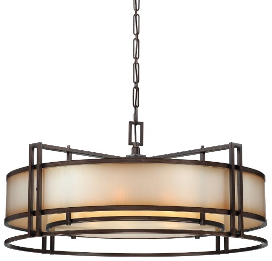 Foto para 100w SW Six Light Drum Pendant Cimmaron Bronze Brushed Caramel Silk