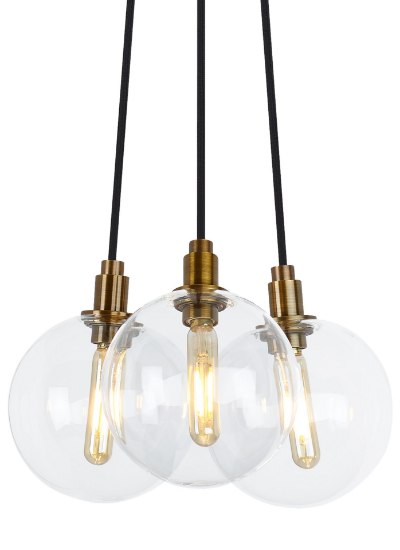 Foto para 2w Gambit 22k Transparent Glass Globe Aged Brass E12 T6 90cri Gambit 3-Lite Chandelier 3-L CL AB -LED922